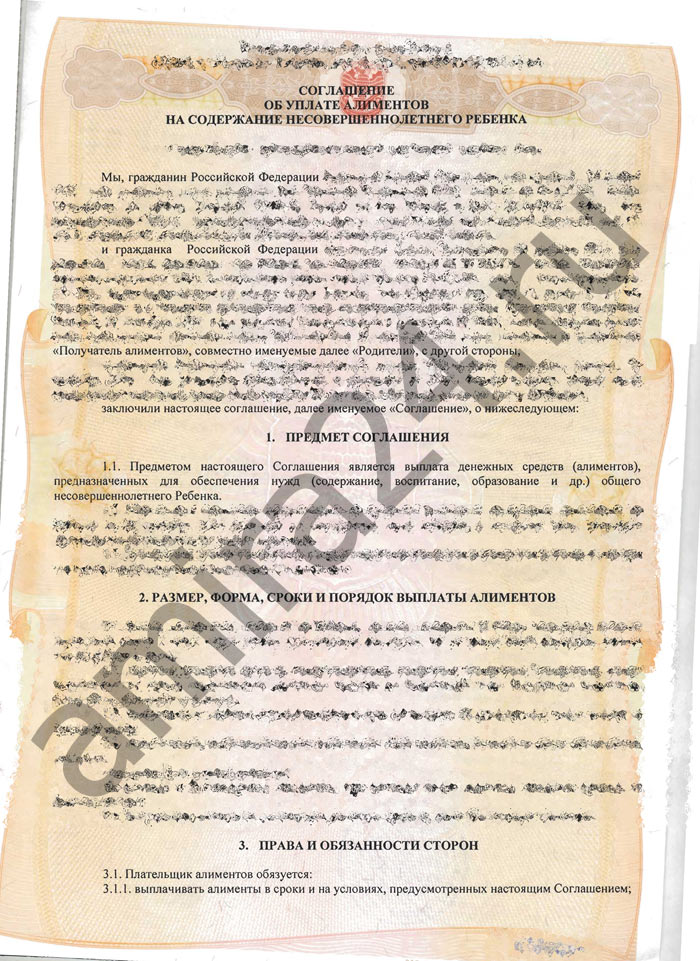 Соглашение об уплате алиментов, лицевая сторона